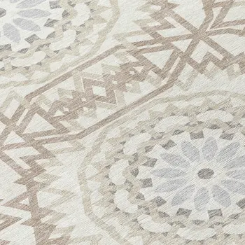 10' X 14' Ivory Beige And Silver Floral Medallion Washable Indoor Outdoor Area Rug