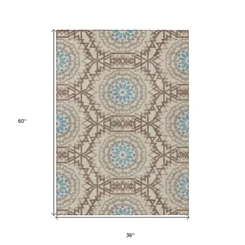 3' X 5' Khaki Brown And Taupe Floral Medallion Washable Indoor Outdoor Area Rug