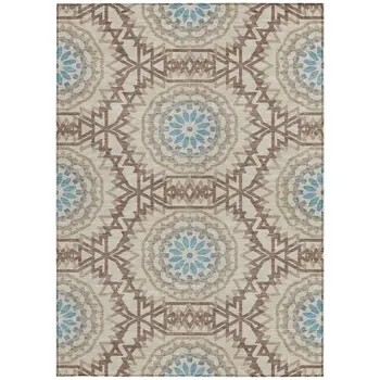 5' X 8' Khaki Brown And Taupe Floral Medallion Washable Indoor Outdoor Area Rug