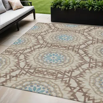 5' X 8' Khaki Brown And Taupe Floral Medallion Washable Indoor Outdoor Area Rug