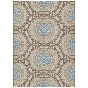 5' X 8' Khaki Brown And Taupe Floral Medallion Washable Indoor Outdoor Area Rug