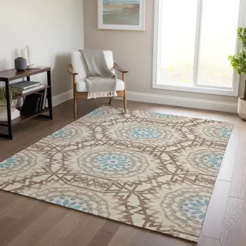 5' X 8' Khaki Brown And Taupe Floral Medallion Washable Indoor Outdoor Area Rug