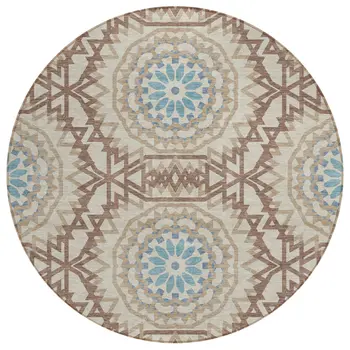 8' Khaki Brown And Taupe Round Floral Medallion Washable Indoor Outdoor Area Rug
