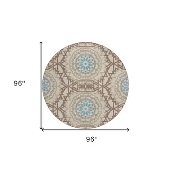 8' Khaki Brown And Taupe Round Floral Medallion Washable Indoor Outdoor Area Rug