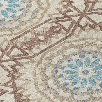 8' Khaki Brown And Taupe Round Floral Medallion Washable Indoor Outdoor Area Rug