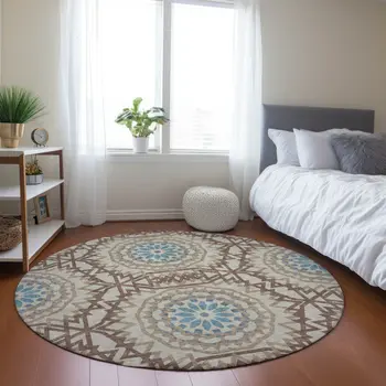 8' Khaki Brown And Taupe Round Floral Medallion Washable Indoor Outdoor Area Rug