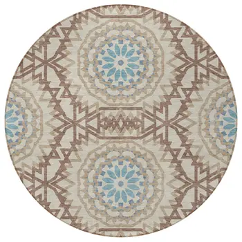 8' Khaki Brown And Taupe Round Floral Medallion Washable Indoor Outdoor Area Rug