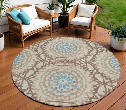 8' Khaki Brown And Taupe Round Floral Medallion Washable Indoor Outdoor Area Rug