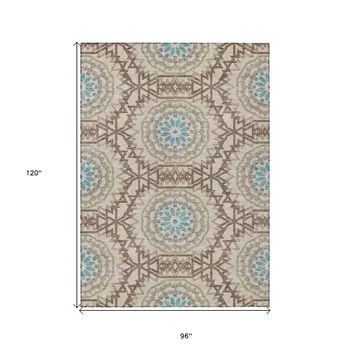 8' X 10' Khaki Brown And Taupe Floral Medallion Washable Indoor Outdoor Area Rug