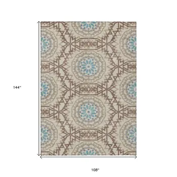 9' X 12' Khaki Brown And Taupe Floral Medallion Washable Indoor Outdoor Area Rug