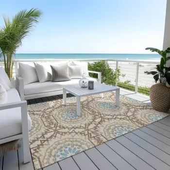 10' X 14' Khaki Brown And Taupe Floral Medallion Washable Indoor Outdoor Area Rug