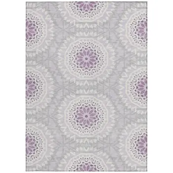 3' X 5' Lilac Purple And Ivory Floral Medallion Washable Indoor Outdoor Area Rug