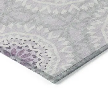 3' X 5' Lilac Purple And Ivory Floral Medallion Washable Indoor Outdoor Area Rug