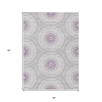 3' X 5' Lilac Purple And Ivory Floral Medallion Washable Indoor Outdoor Area Rug