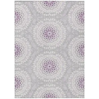 9' X 12' Lilac Purple And Ivory Floral Medallion Washable Indoor Outdoor Area Rug