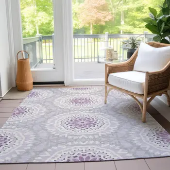 9' X 12' Lilac Purple And Ivory Floral Medallion Washable Indoor Outdoor Area Rug