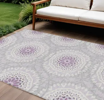 10' X 14' Lilac Purple And Ivory Floral Medallion Washable Indoor Outdoor Area Rug