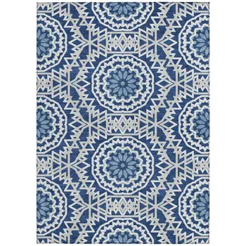 3' X 5' Navy Blue Ivory And Gray Floral Medallion Washable Indoor Outdoor Area Rug