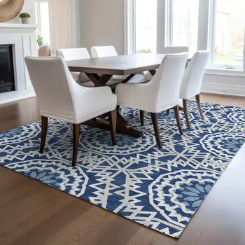 3' X 5' Navy Blue Ivory And Gray Floral Medallion Washable Indoor Outdoor Area Rug
