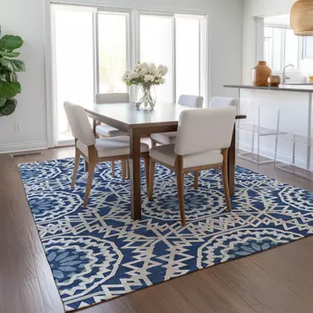3' X 5' Navy Blue Ivory And Gray Floral Medallion Washable Indoor Outdoor Area Rug