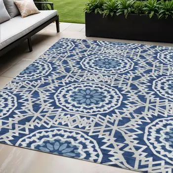 5' X 8' Navy Blue Ivory And Gray Floral Medallion Washable Indoor Outdoor Area Rug