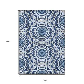 9' X 12' Navy Blue Ivory And Gray Floral Medallion Washable Indoor Outdoor Area Rug