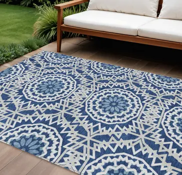10' X 14' Navy Blue Ivory And Gray Floral Medallion Washable Indoor Outdoor Area Rug