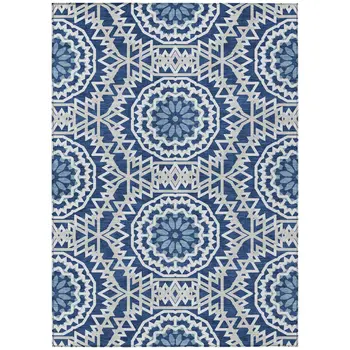 10' X 14' Navy Blue Ivory And Gray Floral Medallion Washable Indoor Outdoor Area Rug