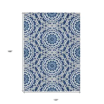 10' X 14' Navy Blue Ivory And Gray Floral Medallion Washable Indoor Outdoor Area Rug