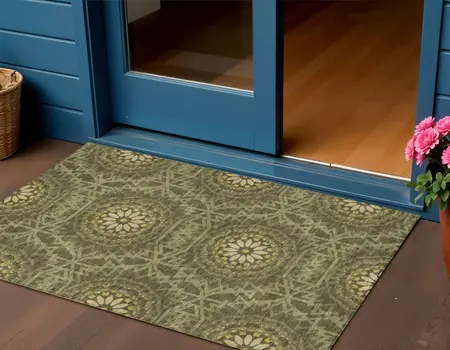 3' X 5' Olive Green Artichoke Green And Gold Floral Medallion Washable Indoor Outdoor Area Rug