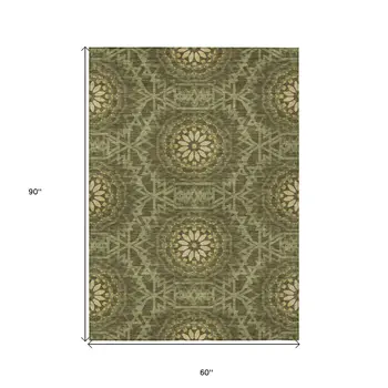 5' X 8' Olive Green Artichoke Green And Gold Floral Medallion Washable Indoor Outdoor Area Rug