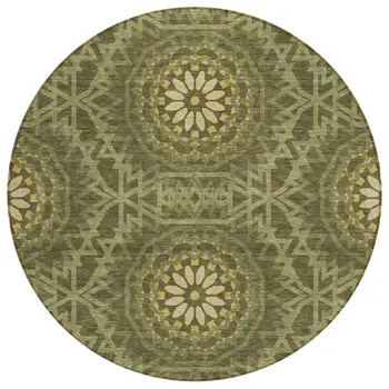 8' Olive Green Artichoke Green And Gold Round Floral Medallion Washable Indoor Outdoor Area Rug