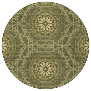 8' Olive Green Artichoke Green And Gold Round Floral Medallion Washable Indoor Outdoor Area Rug