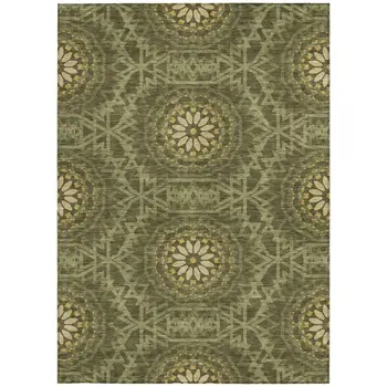 9' X 12' Olive Green Artichoke Green And Gold Floral Medallion Washable Indoor Outdoor Area Rug