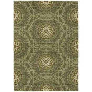 9' X 12' Olive Green Artichoke Green And Gold Floral Medallion Washable Indoor Outdoor Area Rug