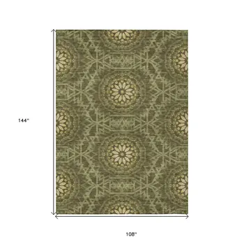 9' X 12' Olive Green Artichoke Green And Gold Floral Medallion Washable Indoor Outdoor Area Rug