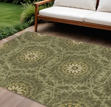 10' X 14' Olive Green Artichoke Green And Gold Floral Medallion Washable Indoor Outdoor Area Rug