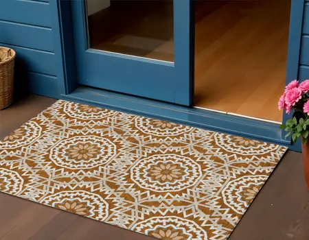3' X 5' Orange Copper And Beige Floral Medallion Washable Indoor Outdoor Area Rug