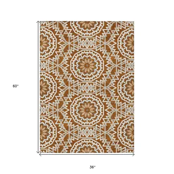 3' X 5' Orange Copper And Beige Floral Medallion Washable Indoor Outdoor Area Rug