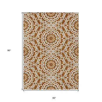 5' X 8' Orange Copper And Beige Floral Medallion Washable Indoor Outdoor Area Rug