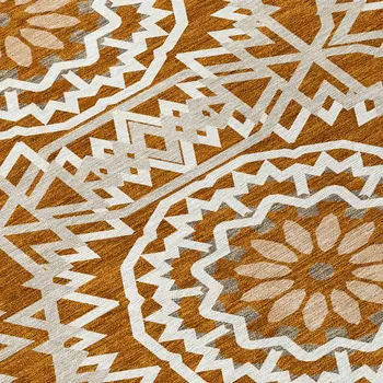 5' X 8' Orange Copper And Beige Floral Medallion Washable Indoor Outdoor Area Rug
