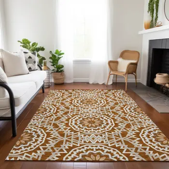5' X 8' Orange Copper And Beige Floral Medallion Washable Indoor Outdoor Area Rug