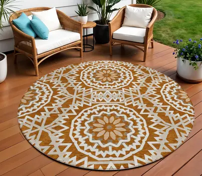 8' Orange Copper And Beige Round Floral Medallion Washable Indoor Outdoor Area Rug