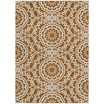 8' X 10' Orange Copper And Beige Floral Medallion Washable Indoor Outdoor Area Rug