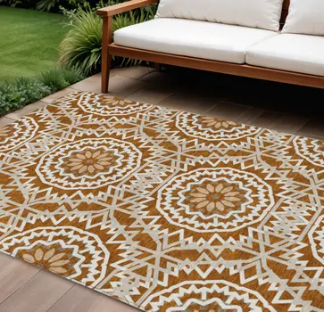8' X 10' Orange Copper And Beige Floral Medallion Washable Indoor Outdoor Area Rug