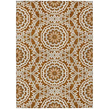 9' X 12' Orange Copper And Beige Floral Medallion Washable Indoor Outdoor Area Rug