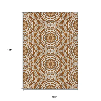 9' X 12' Orange Copper And Beige Floral Medallion Washable Indoor Outdoor Area Rug
