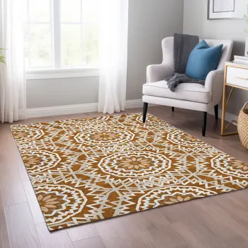 9' X 12' Orange Copper And Beige Floral Medallion Washable Indoor Outdoor Area Rug