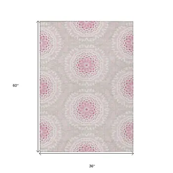 3' X 5' Pink Blush And Ivory Floral Medallion Washable Indoor Outdoor Area Rug