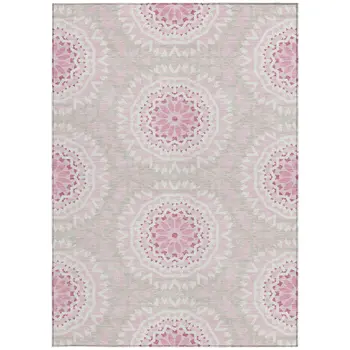 5' X 8' Pink Blush And Ivory Floral Medallion Washable Indoor Outdoor Area Rug
